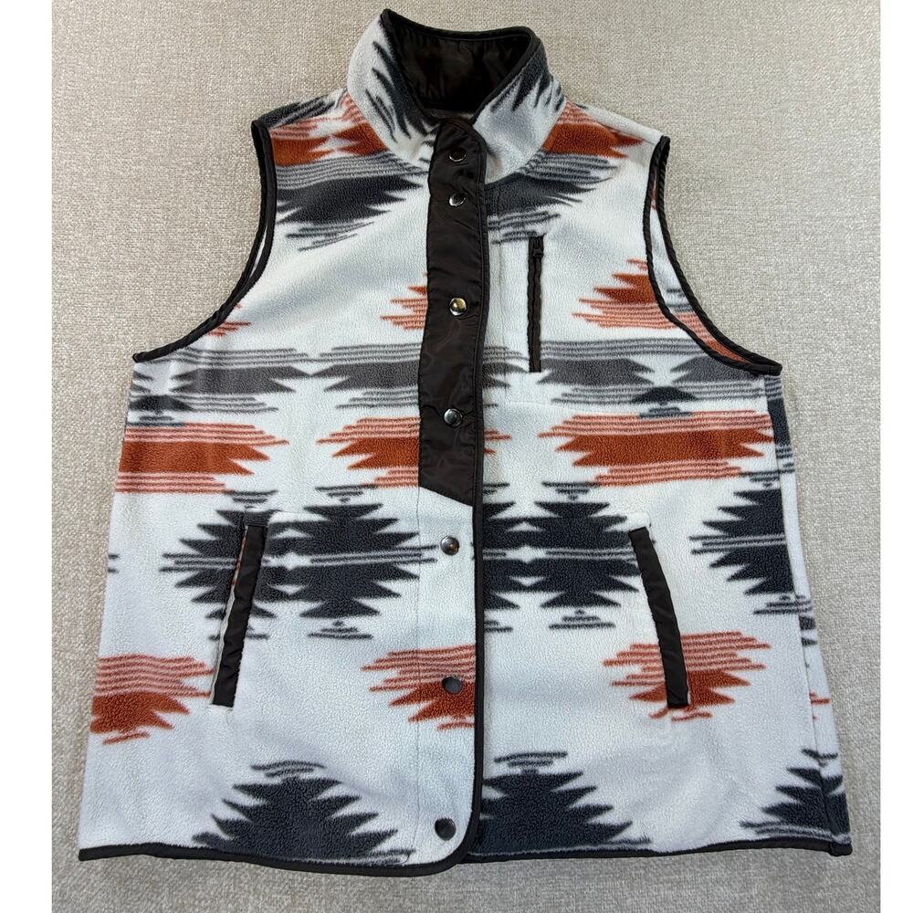 Women Large Gray Rust Southwest Print Snap Front Fleece Vest Western Boho Casual